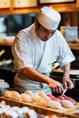 Professional Photography of a sushi chef skillfully slicing fresh fish and crafting sushi rolls at a traditional Japanese, Generative AI