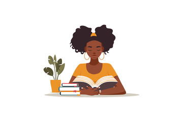 Young Woman Reading Book at Deskю Vector illustration design.