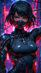 Wall Mural - Portrait of an anime style cyberpunk female ninja warrior on a dark moody and atmospheric background