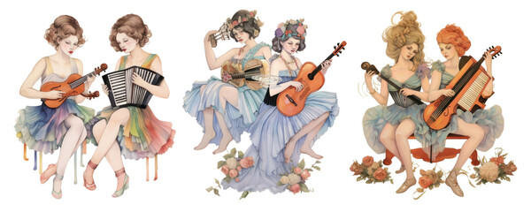 Wall Mural - A twin woman playing music instrument png element set on transparent background