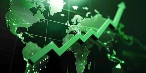 Green stock market graph rising up with digital globe background. Global Stock market rally or recovery concept.stock, cryptocurrency background	
