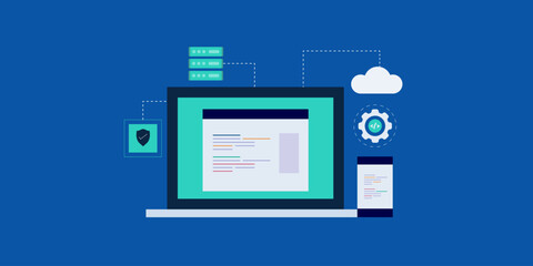 Programming technology software application development, smartphone app and website testing, cloud API concept vector illustration.