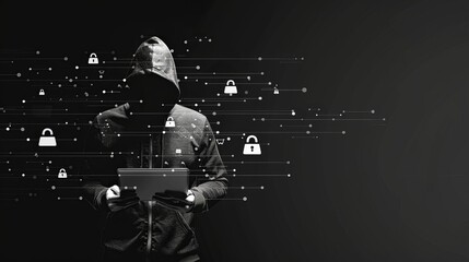 Hooded person with tablet and digital locks on black background