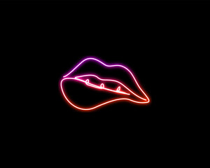 Wall Mural - Neon light glow of female lips. Continuous one line drawing of sexy lips.