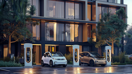 Sticker - An electric charging stations in front of a hotel or facility, modern and eco-friendly environment, electric vehicles parked at the charging stations. The charging stations is sleek. Generative AI.