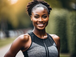 Wall Mural - A smiling woman with dark hair and a grey tank top