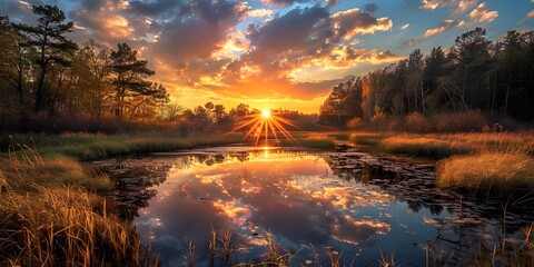 Wall Mural - breathtaking sunset landscape with serene lake and lush forestry reflecting the vibrant sky