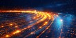 © Planetz - blue orange glowing light path trail., The concept of technology and information transfer. Abstract digital background. Optical fiber of digital communication. Vector illustration on a dark background
