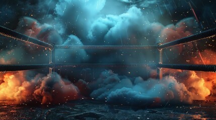 Aufkleber - Boxing ring, dynamic shot, colored dust, black background. Generative AI.