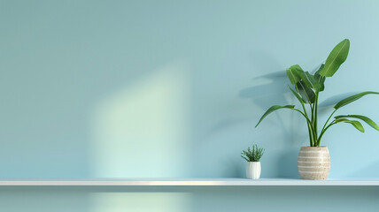 Wall Mural - Interior wall mockup including a shelf, light blue wall, and green plant.