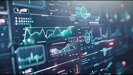 Leinwandbilder - In motion, blue abstract medical interface. Futuristic health infographics and technology HUD elements.