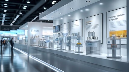 Aufkleber - A row of booths in front of an exhibition wall composed of screens and pictures. On the booths are many white industrial models of chemical plants and petroleum refineries. Generative AI.