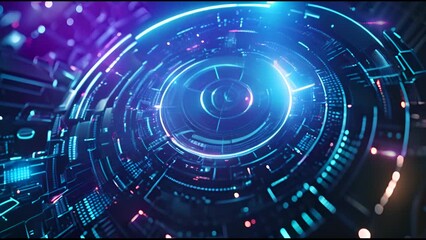 Aufkleber - Hologram hologram circle interfaces with dual blue holograms. Digital data network protection, future tech network concept. Excellent for high-tech, science technology, or futuristic concepts.