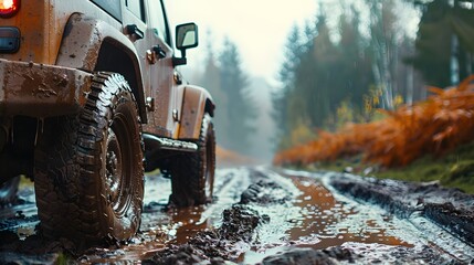 Off Road Jeep Tackling Muddy Terrain in Rugged Wilderness Landscape