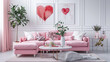 © Osama - Valentine's Day home decor and a pink sofa can be found in the interior space. Interior of a white living room.