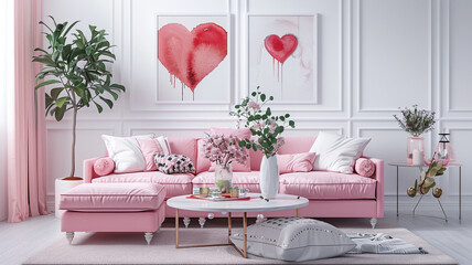 Wall Mural - Valentine's Day home decor and a pink sofa can be found in the interior space. Interior of a white living room.