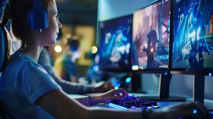 The male developer of mobile video gaming apps works at her desk. Her colleague, in the background, works in the creative office.