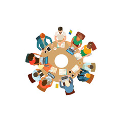 Diverse Team Collaborating Around Round Table. Vector illustration design.