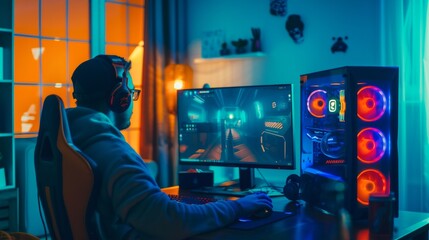 Wall Mural - An experienced gamer is playing first-person shooter online on his powerful personal computer. The room and screen are lit with neon leds. He has a cap on. A cosy evening at home with friends.