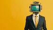 © Zaleman - Over a yellow background, an art collage of a man in a suit with a retro computer head twisting wrap is shown