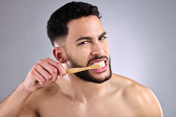 Poster - Portrait, man and toothbrush in studio background for oral hygiene, cleaning mouth and medical wellness. Male person, fresh and bamboo isolated for dental care, grooming and cavity prevention