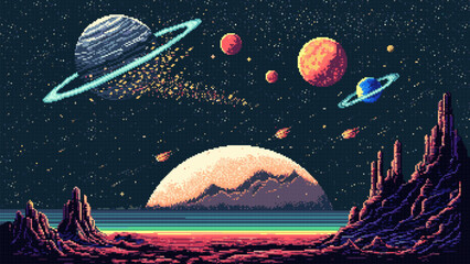 Wall Mural - 8 bit pixel art starry galaxy and space planets landscape. Ai generated game scene background. Retro-inspired virtual alien world. Alien planet surface with far Universe starscape 2d gaming level