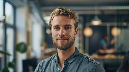 The portrait depicts a handsome professional Caucasian man smiling charmingly at the camera. The man is working in a bright, diverse office.