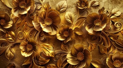 Wall Mural - a beautiful abstract gold floral texture showcasing stylized flowers and swirling leaves, creating a