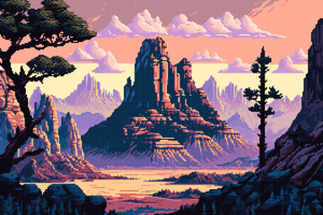 Wall Mural - Generative ai western desert mountains landscape. 8Bit pixel art game scene, captures the rugged terrain and vivid colors, showcasing the beauty and simplicity of the Wild west nature in retro style