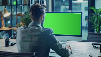 Over the shoulder shot of a motivated businessman using a green mock-up screen desktop computer in a bright open office space