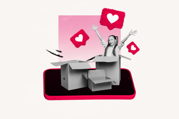 Sticker - Composite artwork collage of smartphone heart icon notification fly around young preteen school girl sit in box on display appear surprise