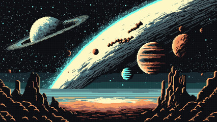 Wall Mural - 8 bit pixel art space planet surface landscape and starry galaxy. Ai generated game scene background, featuring pixelated mountains, rocks and cosmic spheres in the sky, creating mesmerizing starscape