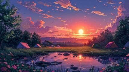 summer time, pastel sunset over a campground: a tranquil illustration of a campground at sunset with
