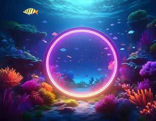 Wall Mural - an ethereal underwater scene featuring a vibrant neon circle emitting a soft glow, surrounded by colorful coral reefs and schools of exotic fish, illuminating the ocean floor