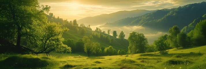 Wall Mural - Serene Sunrise Over Green Hills and Misty Mountains