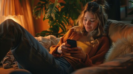 Wall Mural - A beautiful Caucasian woman using her smartphone while relaxing on a couch sofa, browsing the Internet, using social networks, and having fun at home.