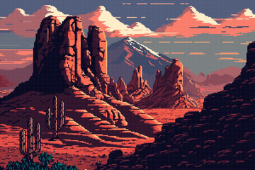Wall Mural - Generative ai american or mexican desert mountains landscape. 8Bit pixel art game scene. 2d Arizona, Mexico or Texas nature background in pixelated art style, capture the beauty of Wild West world