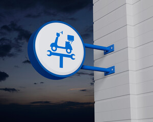 Service fix motorcycle with wrench tool icon on hanging blue rounded signboard over sunset sky, Business repair motorbike service concept, 3D rendering