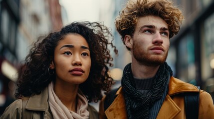 Photograph of a stylish multiethnic couple on a street in a big city. Attractive Japanese female and handsome Caucasian male looking around. Diverse friends enjoying traveling together.