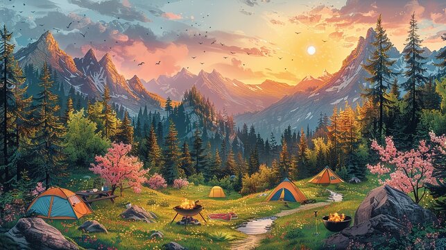 Summer Time, Spring Camp Activities with Pastel Tones: An illustration of various camp activities like hiking and BBQs, all set in a pastel-toned spring landscape. Illustration image,