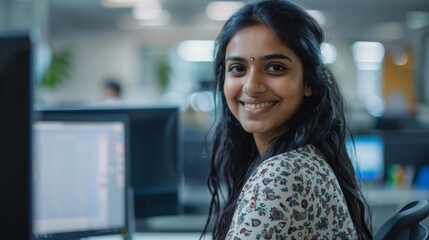 Wall Mural - This image showcases an attractive Indian IT professional working at a desktop computer, smiling and looking at the camera kindly. She is developing innovative applications, programs, and video games