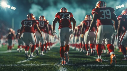 Football Game Start: Two Professional Teams Walk onto the Field Ready to Fight for the Championship Title. Fighting is fraught with energy, power and skill, with a back view shot that shows the back