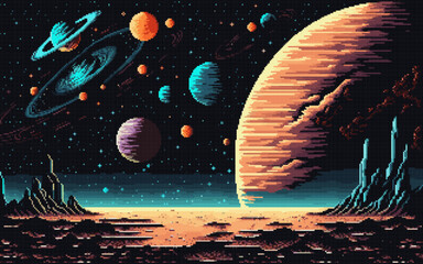 Wall Mural - Generative ai. Alien space planet surface landscape. Ai generated 8 bit pixel art game scene. Jagged mountains tower over pixelated deserted land, celestial spheres in dark sky casting ethereal glow
