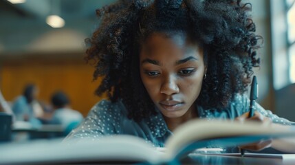 Wall Mural - A woman of African descent studying at a modern university with multiethnic classmates. A classroom filled with scholars working together to learn academic skills.