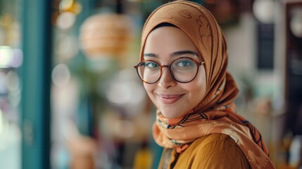 Canvas Print - Portrait of a Multiethnic Muslim Female Wearing Hijab and Glasses Indoors, Charmingly Smiling and Posing for the Camera. Diverse Young Woman in Casual Clothes Outdoors.