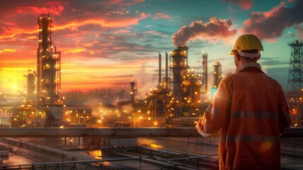 Engineer overseeing an industrial refinery plant at sunset with beautiful sky and smoke stacks. Vibrant and futuristic industry scenery.