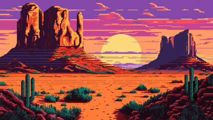 Wall Mural - Generative ai wild west western desert and mountains landscape. 8Bit pixel art game scene. 2d Arizona canyon at sunset nature background in pixelated art style, with rocks, red soil and cacti