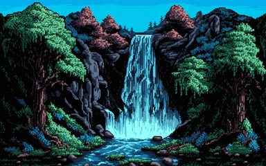 Wall Mural - Waterfall cascade and forest landscape. Ai generated 8bit pixel art game scene background. Captivating panoramic view captures the essence of nature with its vibrant colors and blocky retro design