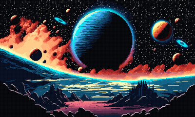 Wall Mural - Generative AI starry galaxy and blue planet surface landscape. 8bit pixel art game scene. Retro arcade space AI generated level design asset with alien planet surface and galaxy starry sky
