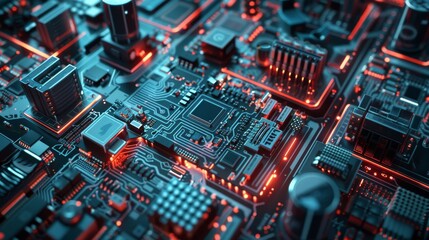 Wall Mural - The 3D VFX graphics design of printed circuit boards, computer motherboard components, such as microchips, CPUs, transistors and semiconductors, gives a feeling of both the inside and outside of